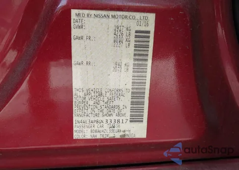 2016 Nissan Altima 2.5 Sr z USA, uszkodzony, nr VIN 1N4AL3AP8GN333817